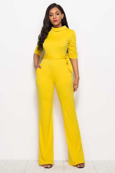 Women’s Mock Neck Tie-Waist Half Sleeve Jumpsuit