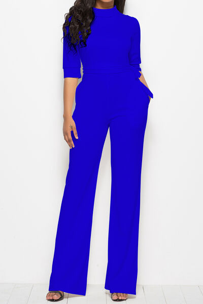 Women’s Mock Neck Tie-Waist Half Sleeve Jumpsuit