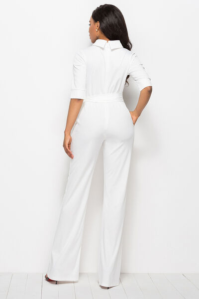 Women’s Mock Neck Tie-Waist Half Sleeve Jumpsuit