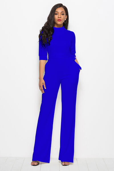 Women’s Mock Neck Tie-Waist Half Sleeve Jumpsuit